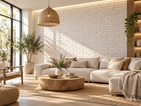 Sala aconchegante com parede de tijolinhos brancos