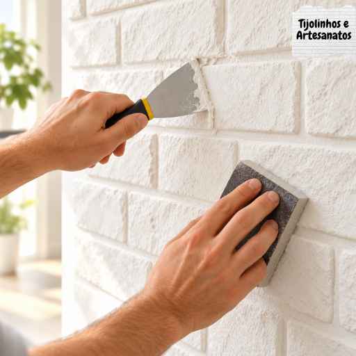Passo 6: acabamento final da parede revestida com tijolinhos de gesso branco